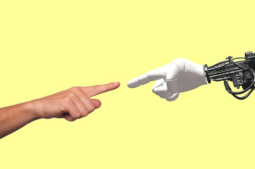 technologia, robot, człowiek, dłoń, wskazywanie, maszyna, nauka, cyborg, sztuczny, przyszłość, robotyczny