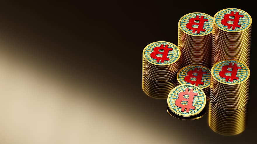 bitcoin, moedas, pilha, ouro, 3d
