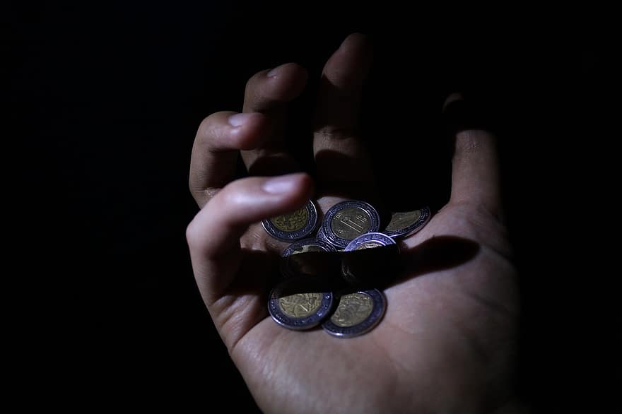 mince, peníze, ruka, hotovost, stín, temný, světlo, detailní