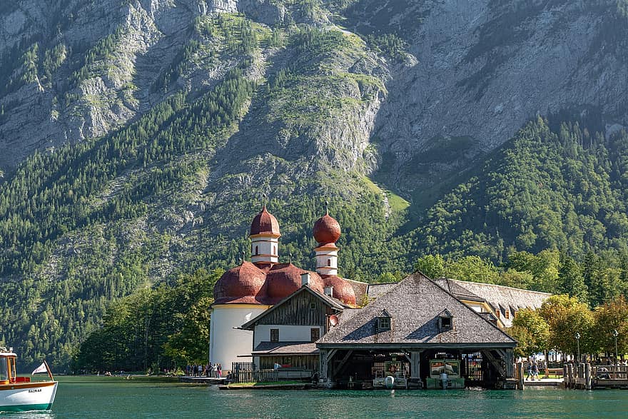 edificis, llac, königssee, Església, monestir, muntanya, vora del llac, ciutat, paisatge, idíl·lic, bartholomä