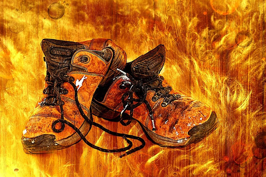 skor, gammal, flamma, trä, vandringsskor, vandring, läder-, läderskor, brand, varm