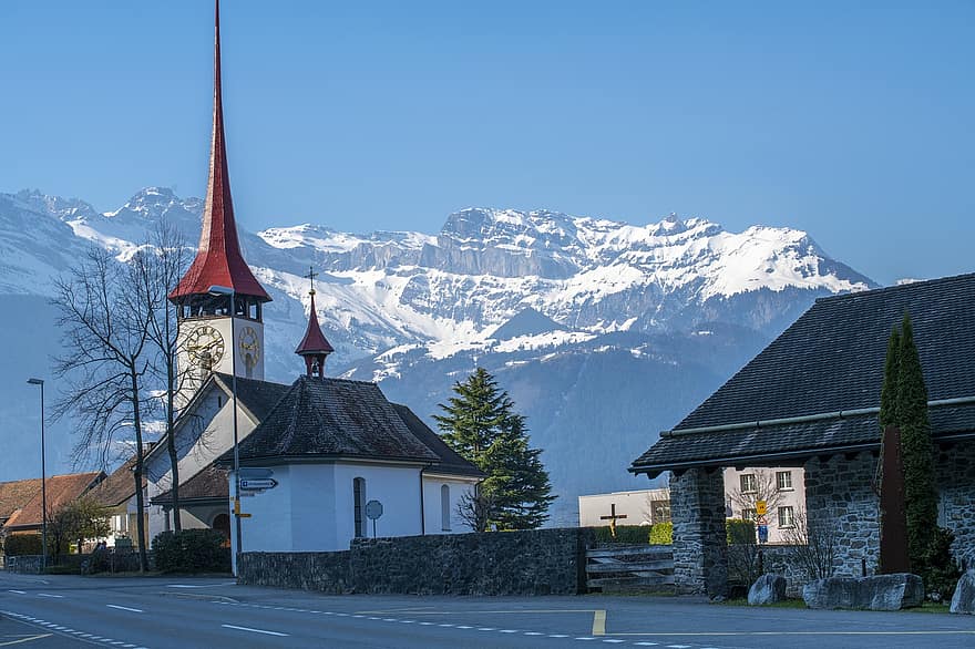 dağlar, Vierwaldstättersee, seedorf, uri kantonu, isviçre, mimari, dağ, Hristiyanlık, din, kar, kış