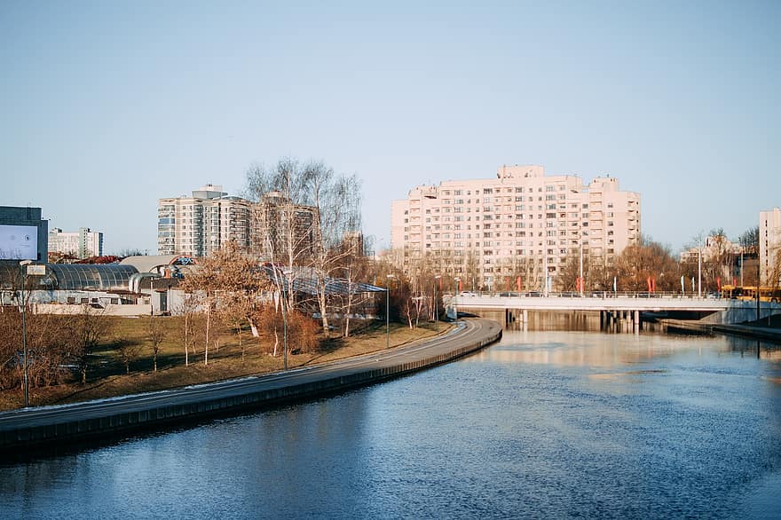 stad, rivier-, herfst, Minsk, water, zee, natuur, kanaal, Wit-Rusland, architectuur, stadsgezicht