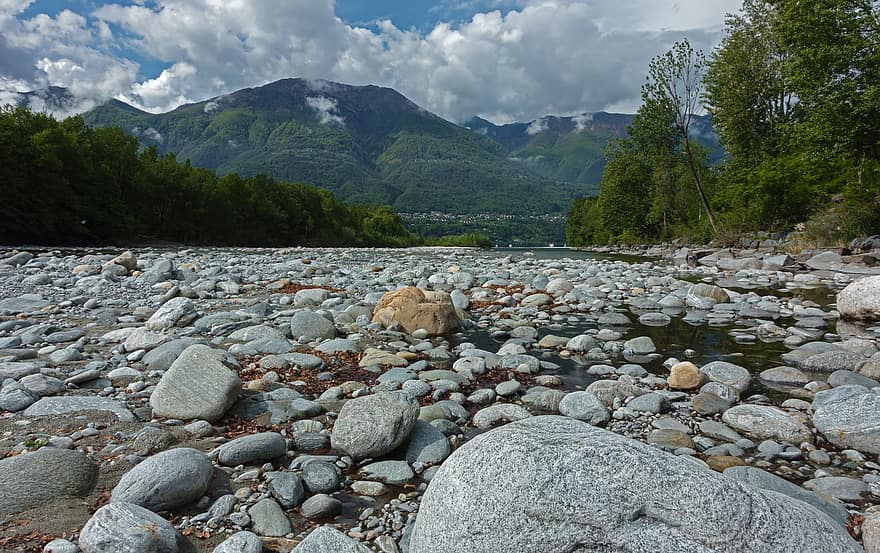 Riverbed, Stones, Pebbles, Maggia, Maggia Delta, River Delta, mountain, landscape, summer, rock, forest