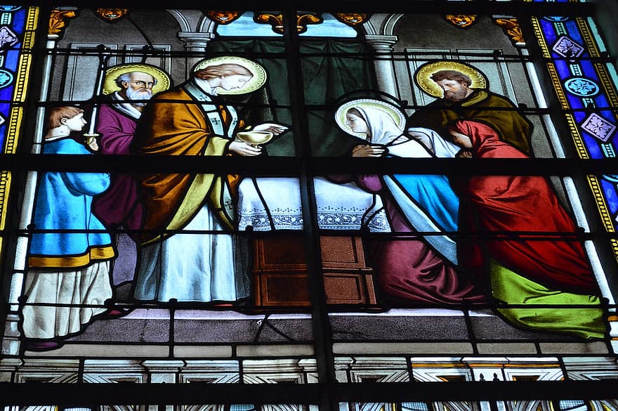 vitraliu, fereastră, biserică, împărtășanie, fecioara Maria, ucenicii, apostoli, pierre, sfinți, credinţă