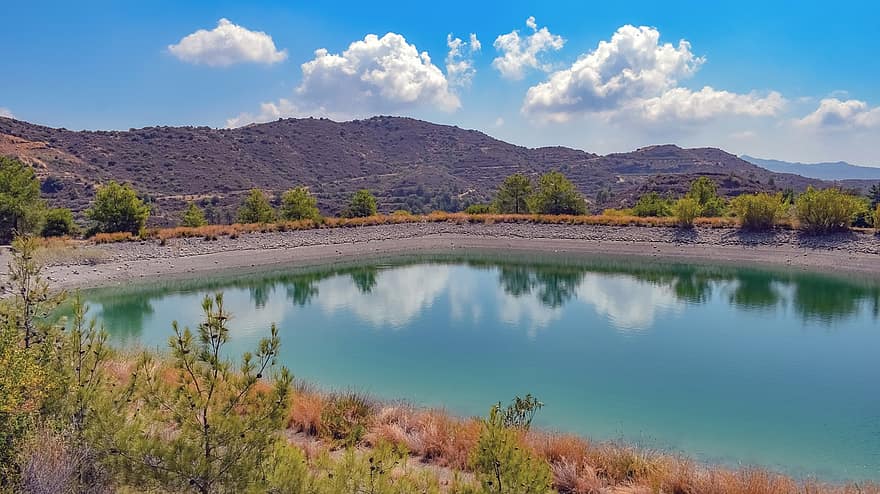 meer, reservoir, bomen, Bos, mirroring, hemel, wolken, panorama, landschap, Melini, Cyprus