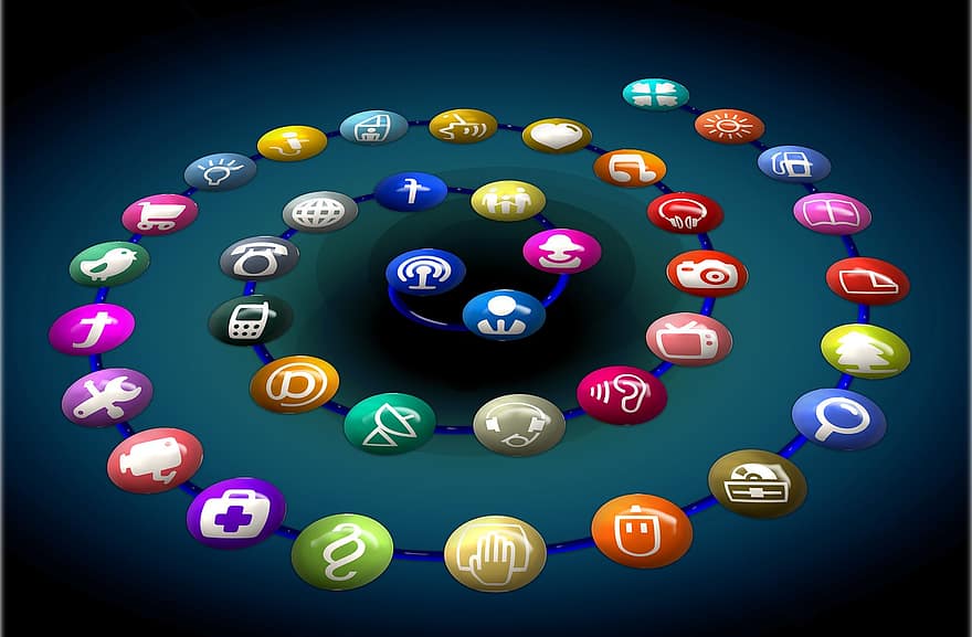 Socialt netværk, logo, ikoner, struktur, spiralformet, netværk, internet, social, facebook, google, social networking
