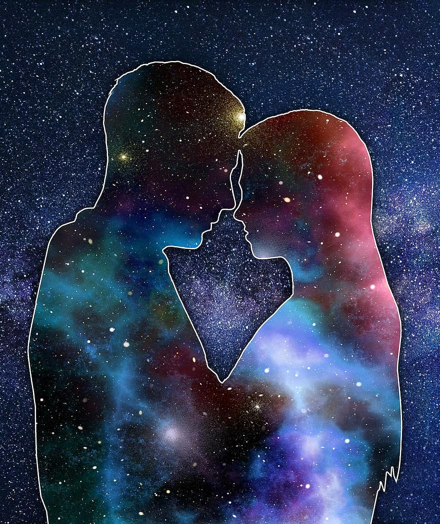 amor, casal, amantes, silhueta, relação, noite, origens, ilustração, espaço, galáxia, Sombrio