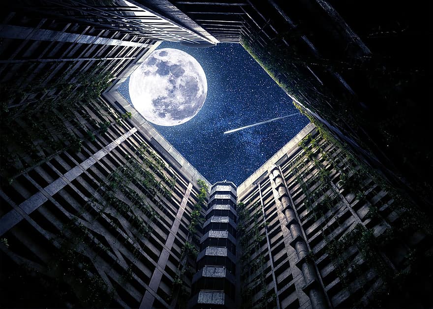 夜、建物、超高層ビル、月、流れ星