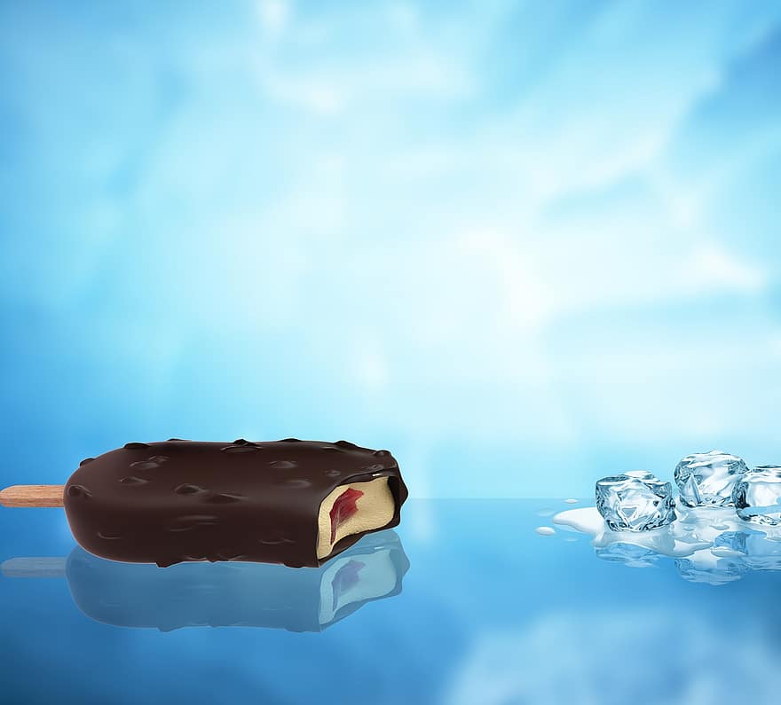 Ice Cream, Popsicle, Ice, Dessert, Frozen, Cold, Ice Cubes, Background, Clouds, Summer, Chocolate