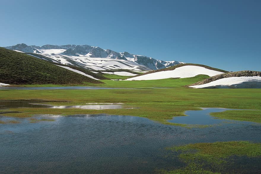 гірський, озеро, сніг, природи, трави, зима, пагорби, заболочена місцевість, краєвид, літо, зелений колір