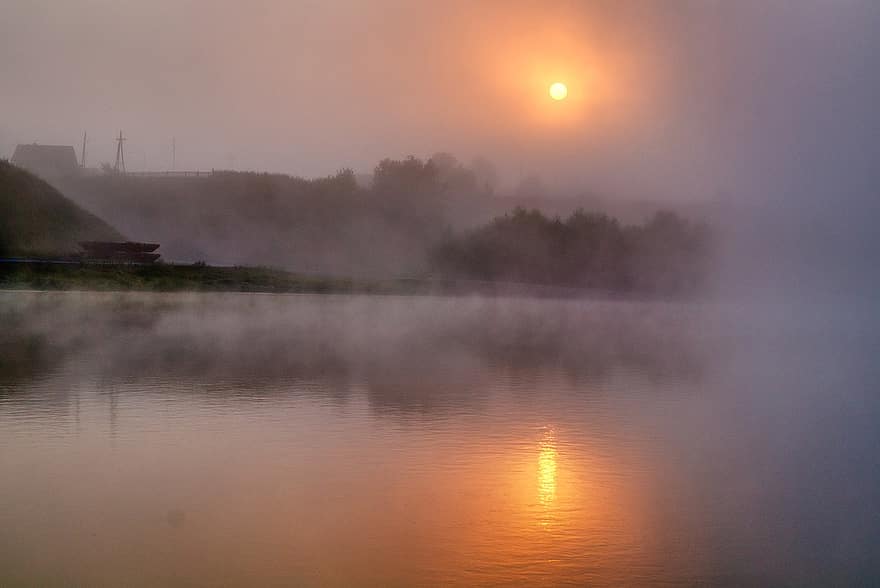 мъгла, река, сутрин, изгрев, пейзаж, природа, Сибир