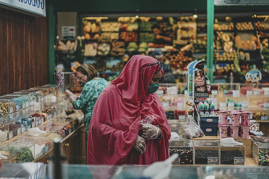 dona, màscara facial, mercat, hijab, gent, botiga, botiga de queviures, compres, mercat de grangers, comprar