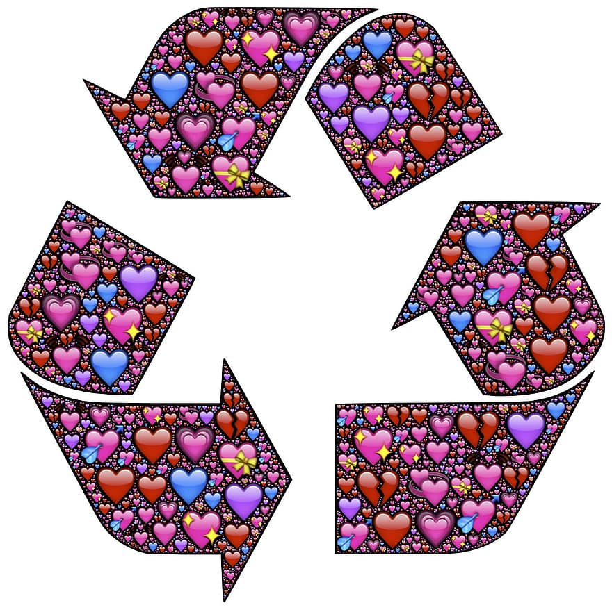 riciclare, ricircolo, ripetere, circolare, infinito, cuori, amore, amorevole, emoji