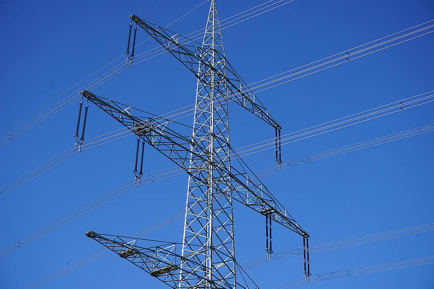 전기, 높은 전압, 유선 전화, 에너지, 고전압 철탑, 돛대, 절연체, 케이블, 푸른, 연료 및 발전, 전력선