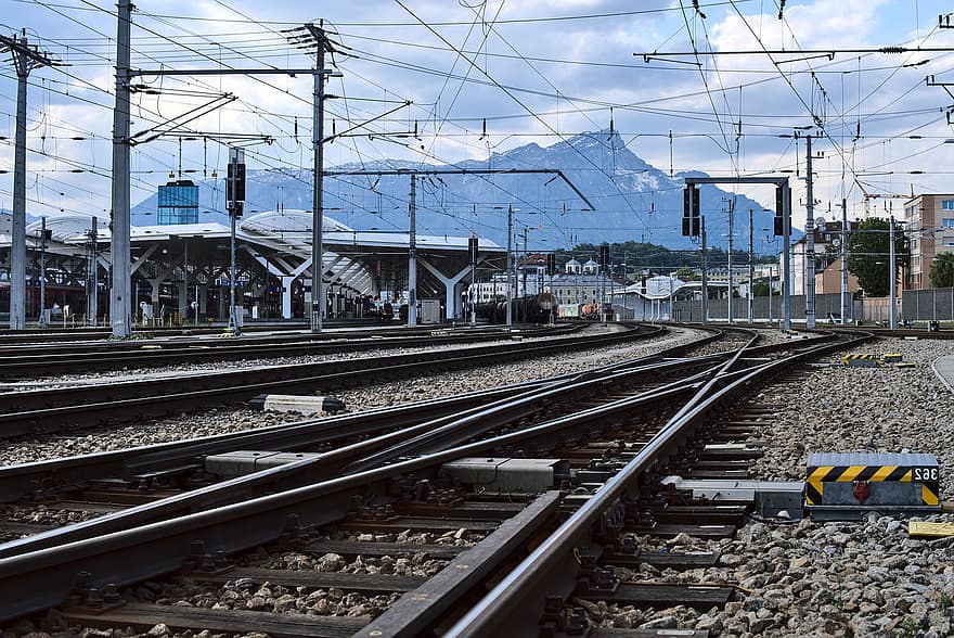 Salzburg, Station, Tracks, Track Switch, Mountain, Untersberg, railroad track, transportation, mode of transport, railroad station platform, industry