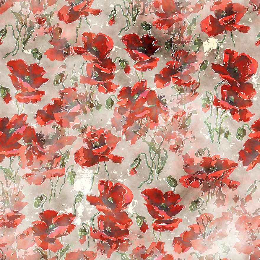 Poppies, Pattern, Watercolor, Flowers, Red Flowers, Seamless, Floral, Petals, Bloom, Blossom, Botanical