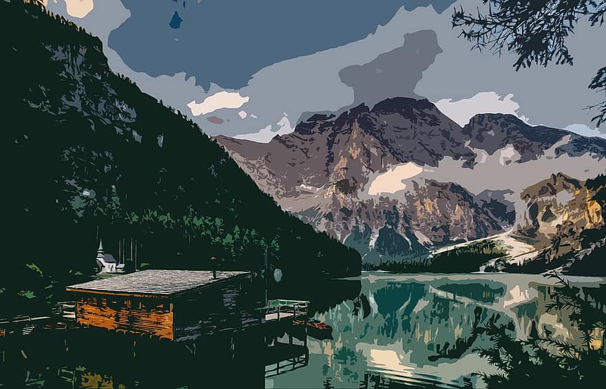 bergen, meer, huisje, reflectie, water, huis, buitenshuis, alpine, Alpen, bergketen