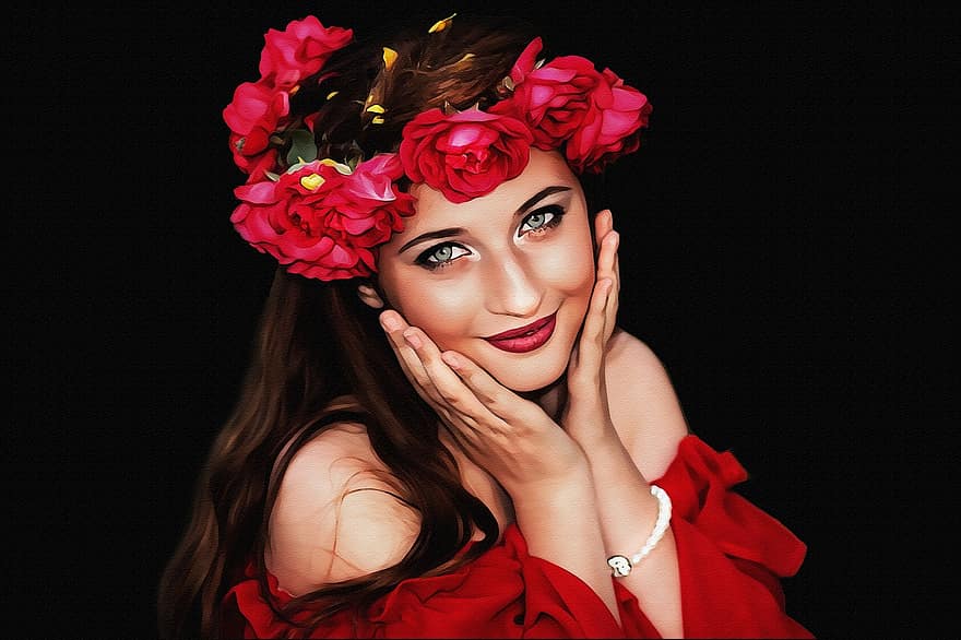 Frau, weiblich, Schönheit, Porträt, Digital, Farbe, rotes Kleid, lange Haare, Blumen, Krone von Blumen, Blätter