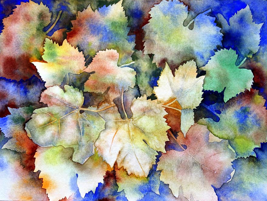 Watercolour, Art, Painting, Leaf, Nature, Color, Plant, Background, Leaves, Autumn, Blue