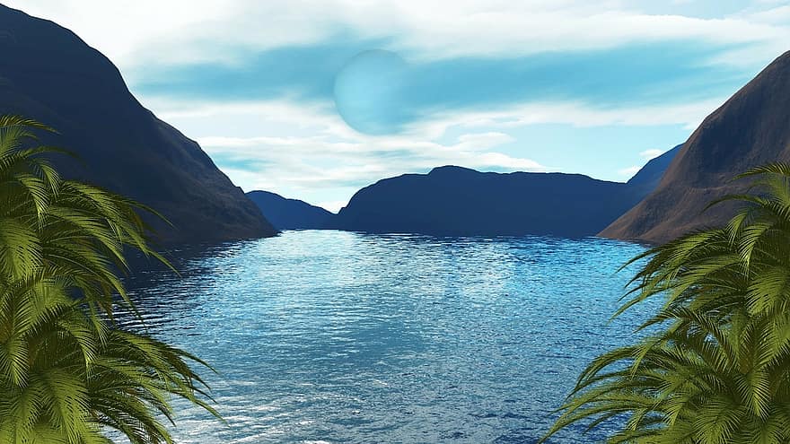 laguna, fjord, záliv, relaxovat, dovolená, moře, jezero, palmy, dlaně, romantický, digitální umělecká díla