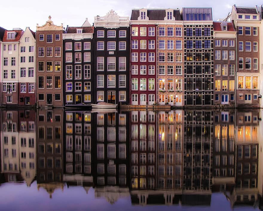 amsterdam, bygninger, flod, afspejling, vandreflektion, spejling, spejlbillede, facader, arkitektur, holland, by