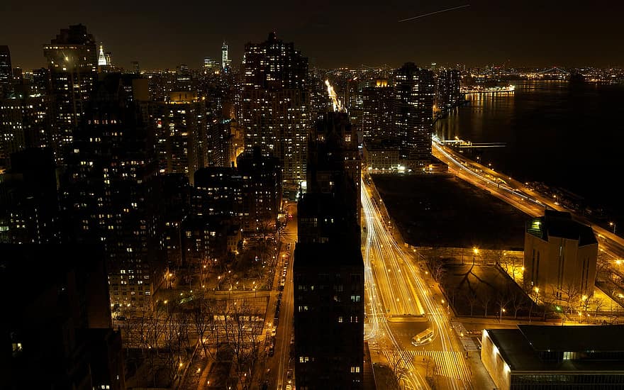 New York, natt, stad, nattlampor