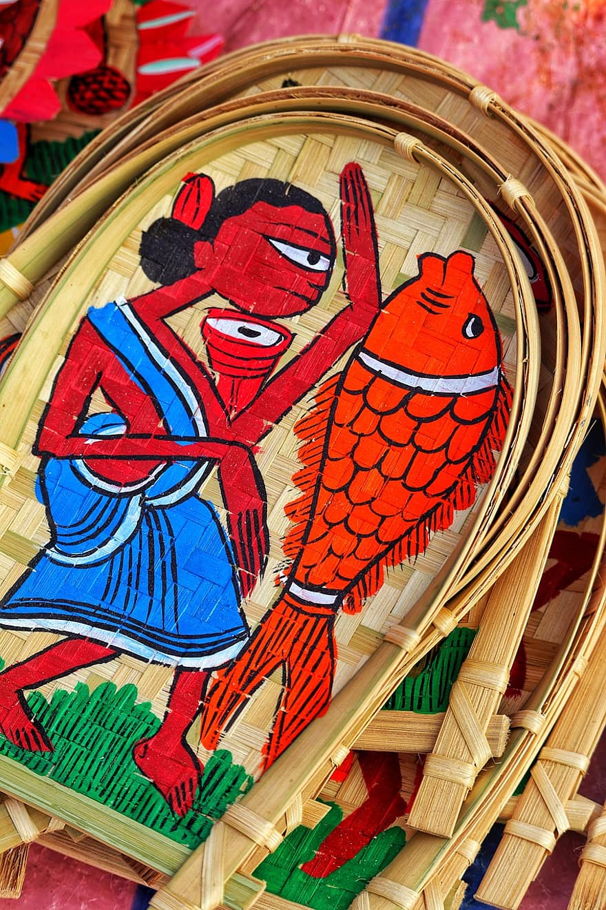 brodats, peix, dona, art, artista, cultures, fusta, decoració, multicolor, il·lustració, artesania