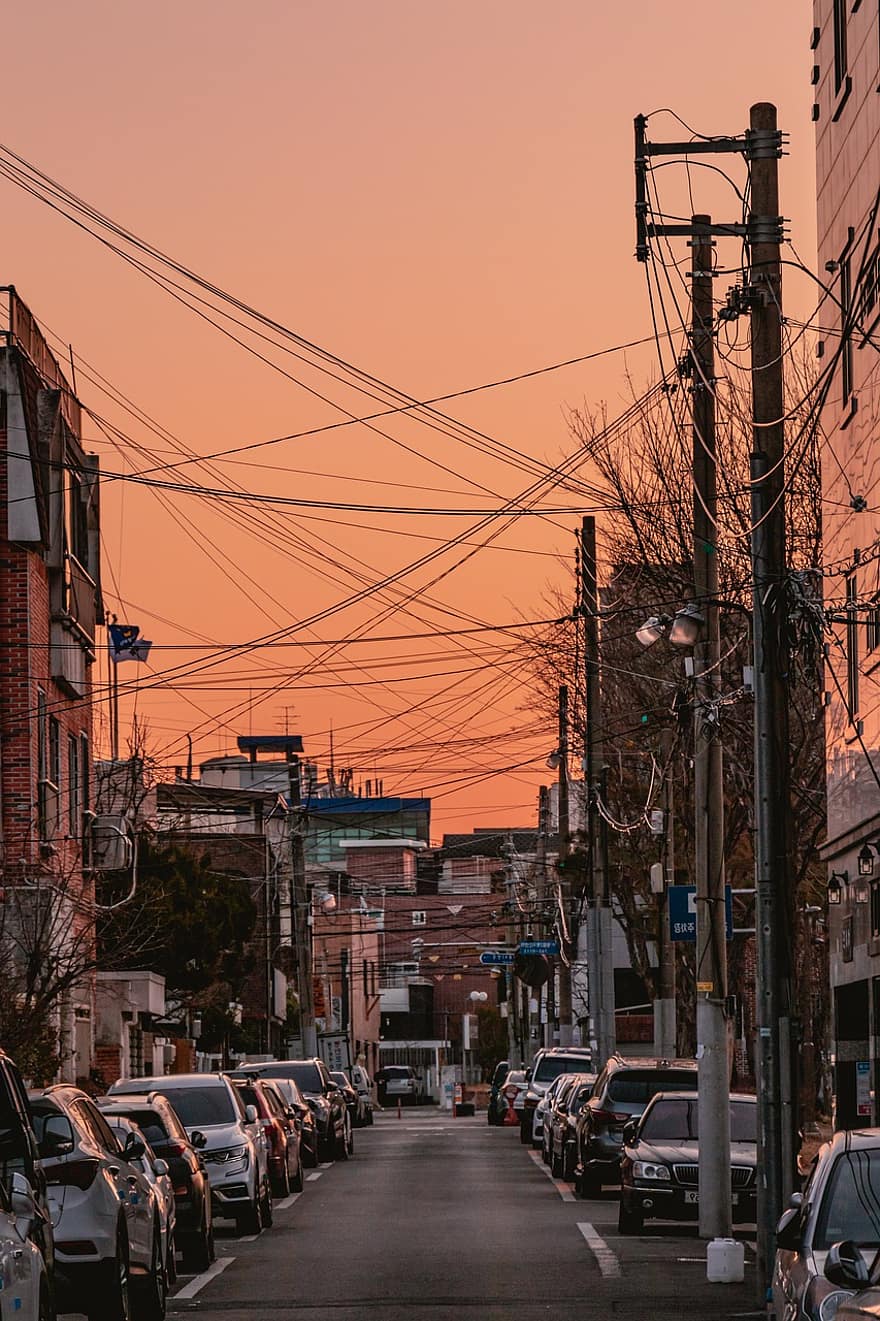 daegu, Corea, carrer, backstreet, carretera, posta de sol, ciutat, cotxes, cases, edificis antics, vespre