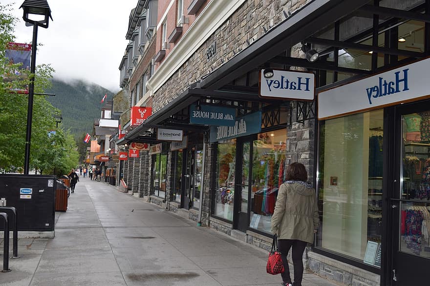 stradă, magazine, Banff, Canada, oraș, clădiri, în aer liber, munți stâncoși