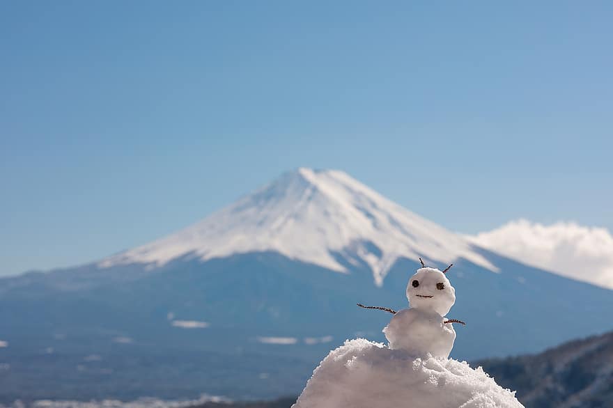 neve, boneco de neve, montanha, inverno, monte fuji, gelo, ao ar livre, azul, temporada, panorama, Pico da montanha