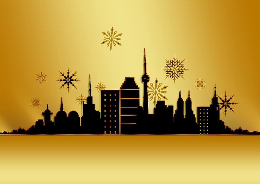 クリスマスカード、グリーティングカード、ゴールド、ゴールデン、スカイライン、超高層ビル、シルエット、雪の結晶、出現、クリスマス、星