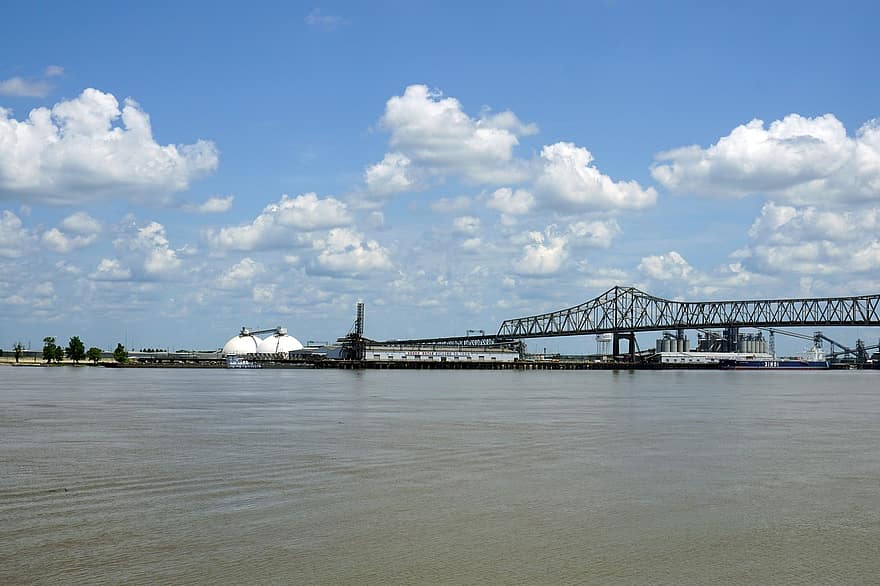 река, мост, вода, пейзаж, Луизиана