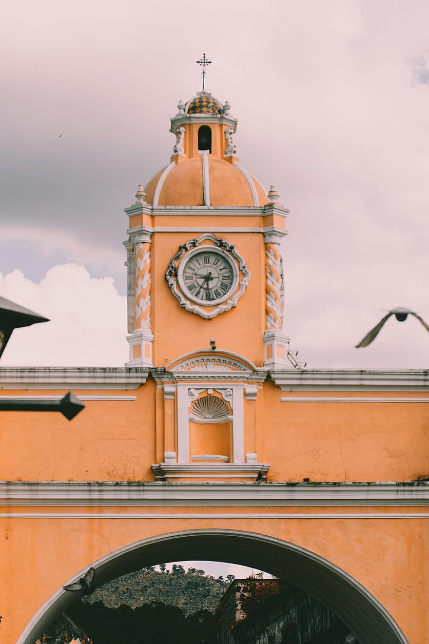 vòm santa catalina, guatemala, tòa tháp, Calle Del Arco, đồng hồ, vòm, phong cảnh, lịch sử, ngành kiến ​​trúc, antigua guatemala