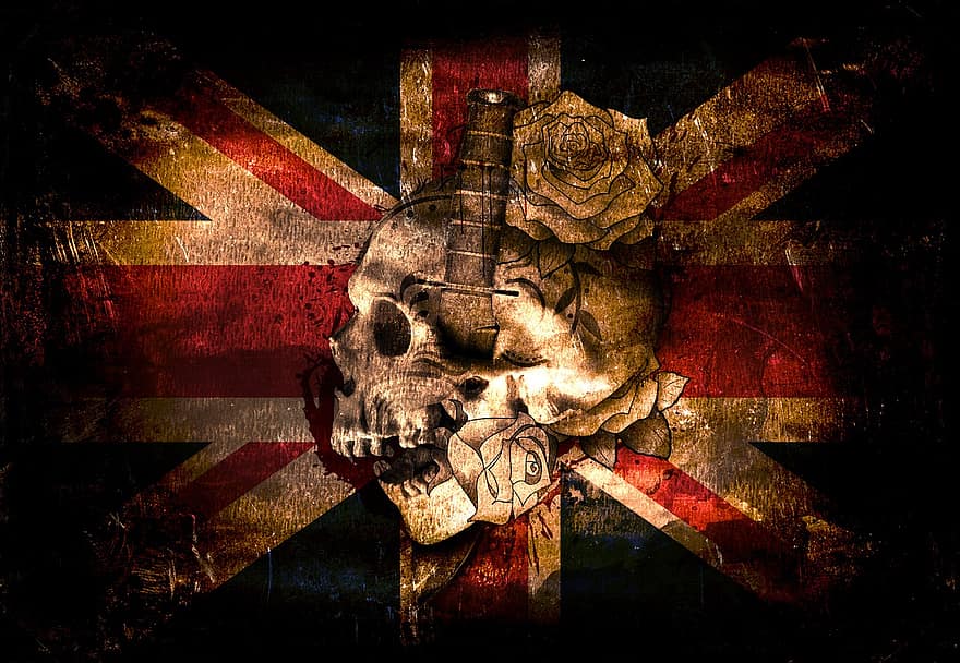 bendera, Kerajaan bersatu, Inggris, London, grunge, tengkorak dan tulang bersilang, tengkorak