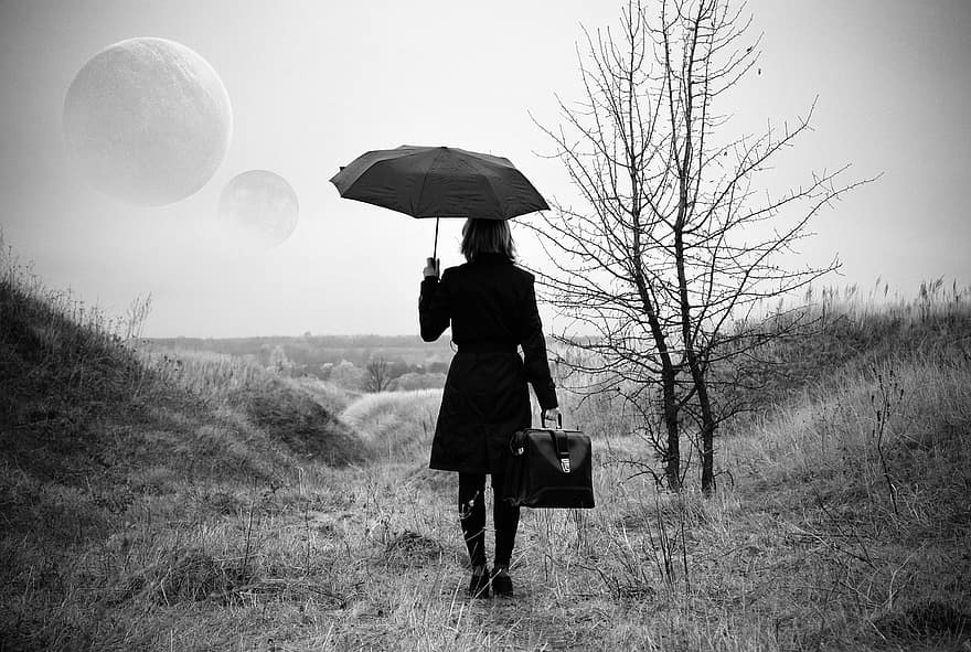 kvinne, mystisk, reisende, alene, hunn, paraply, dystert, landsbygda, utendørs, måne, fantasi