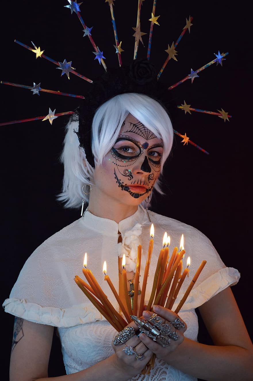 жінка, костюм, Ла Калавера Катріна, свічки, полум'я, Калавера, la catrina, Катріна, день смерті, dia de los muertos, cinco de mayo