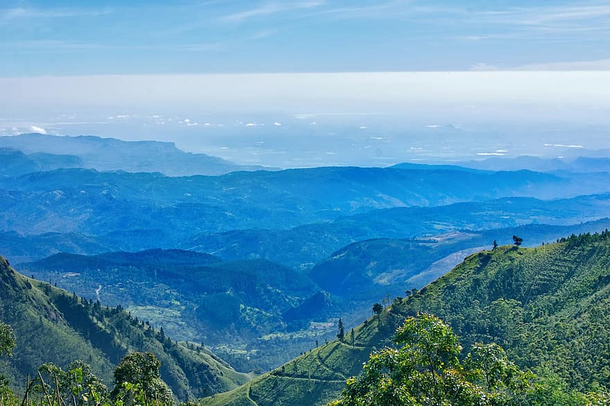 Escadaria do Diabo, Montanhas do Sri Lanka, Sri Lanka Tea Estate, Colina, pico, Rocha, cenário, floresta, cênico, fundo, azul