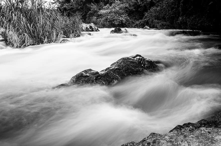 River, Rocks, Nature, Black And White, Water, Flow, landscape, rock, flowing, forest, mountain