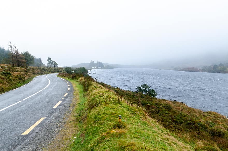 Straße, Landschaft, Natur, Irland, Kerry, draußen, Reise, Looscaunagh, Berg, Wald, Wasser