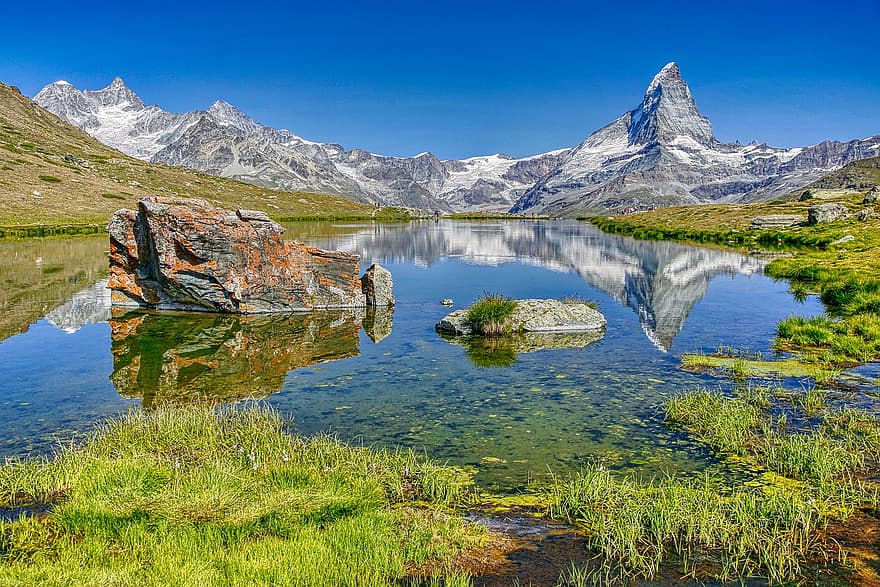 hegyek, tó, fű, virágok, hó, köd, túrázás, Matterhorn, Zermatt