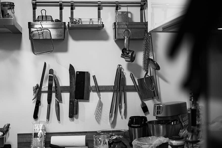 messen, bestek, keuken-, koken, hulpmiddelen, vork, zilver, traiteur, karbonade, pollepel, metaal