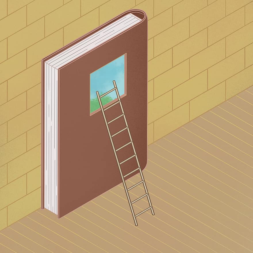 Книга, стълба, прозорец, бягство, затвор, Прочети, живопис, нереален, карикатура, въображение, фантазия