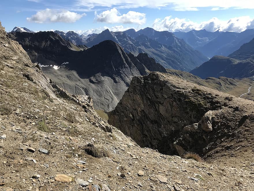Panorama fra spidsen af ​​Elgio, alpine rute, Alperne, gå, himmel, toppe, udflugter, vandring, bjerge, natur, skyer