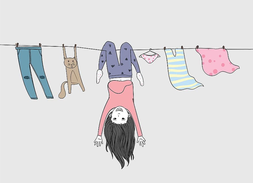 dívka, vzhůru nohama, prádelní šňůru, oblečení, prádelna, kočka, pověsit, závěsný, čistý, praní, suchý