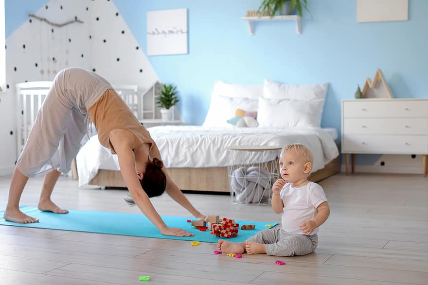moeder, yoga, kind, baby, slaapkamer, ontspannen, oefening, familie, vrouw, pret, ouder