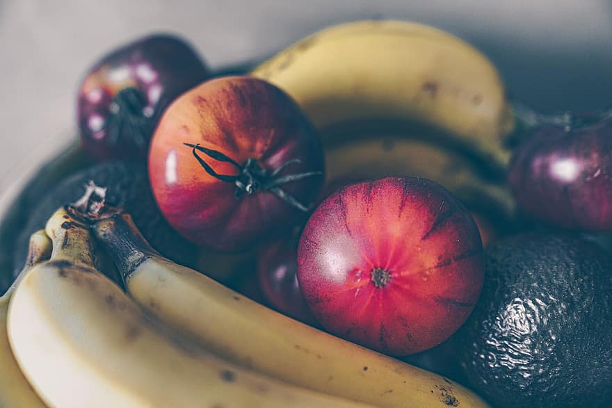 помидоры, бананы, фрукты, урожай, производить, органический, свежий, свежие фрукты, натюрморт, здоровый, питание