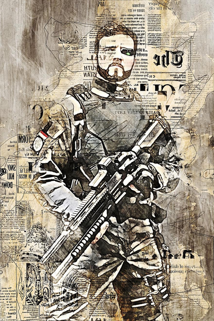 άνδρας, στρατιώτης, όπλο, πόλεμος, μάχη, πάλη, αρσενικός, πρόσωπο, ισχυρός, εξοπλισμός ασφαλείας, φωτογραφία τέχνη