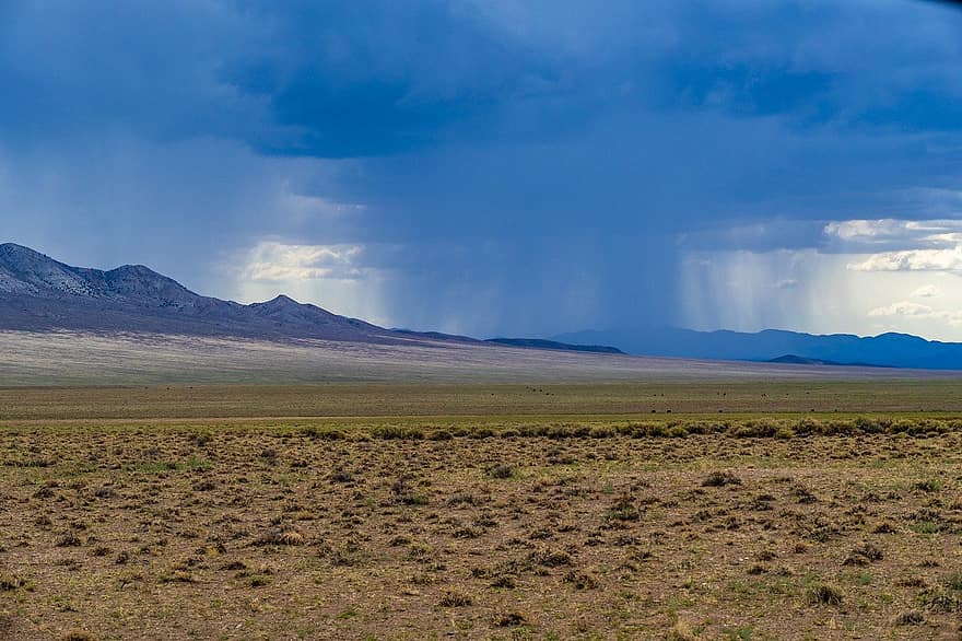 रेगिस्तान, वर्षा, आंधी, प्रकृति, परिदृश्य, पर्वत, सड़क पर, बादल, आकाश, नीला, घास