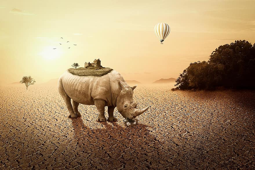 Rhino, Landscape, Mystical, Sunset, Balloon, Castle